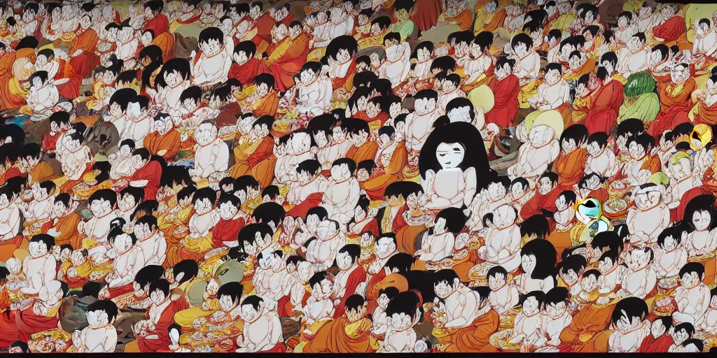 Image similar to 8 k uhd recursive image of praying buddhist cats, by katsuhiro otomo, anime, cartoon