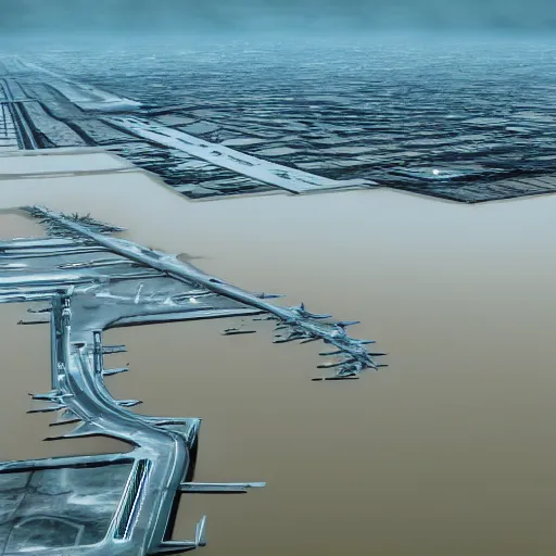 Prompt: photo of an airport, the floor is flooded with one meter deep water. eerie, volumetric lighting. highly - detailed 4 k