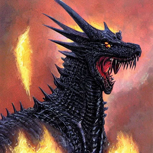 Prompt: Portrait of a terrible black dragon by Ralph Horsley