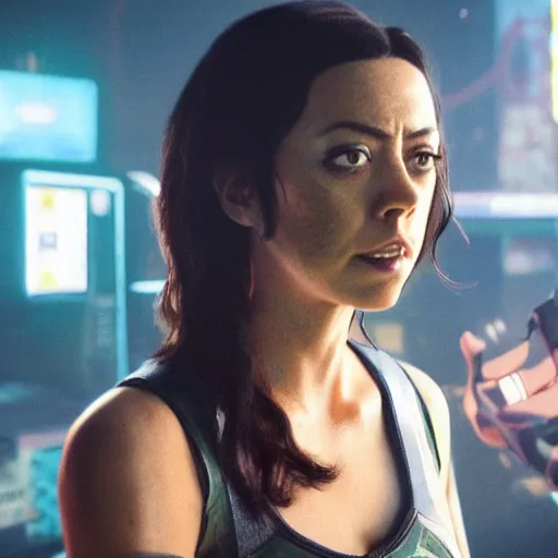 Image similar to aubrey plaza as character in cyberpunk 2 0 7 7