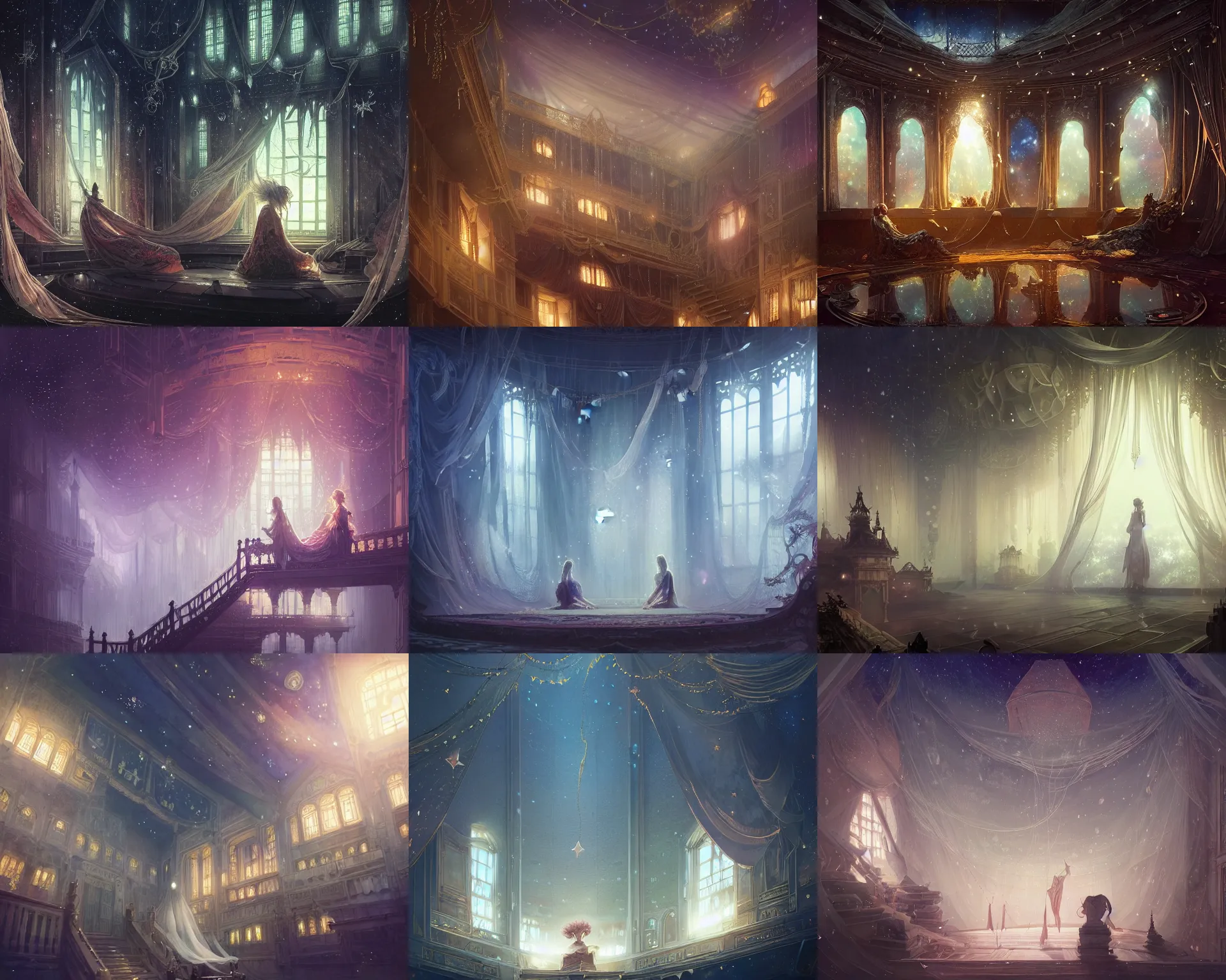 Prompt: labotatory with giant walls and glass ceilings showing the stars and hanging silk drapery and tapestries, light dust, magnificent, close up, details, sharp focus, elegant, highly detailed, illustration, by Jordan Grimmer and greg rutkowski and PiNe(パイネ) and 薯子Imoko and 香川悠作 and wlop and maya takamura, intricate, beautiful, Trending artstation, pixiv, digital Art