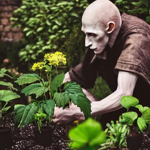 Image similar to portrait of nosferatu giving water to plants in the garden, realistic detailed photography, 5 0 mm lens