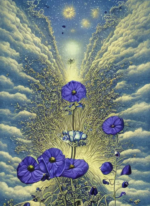 Image similar to detailed, intricate blue black and purple papaverum flower on the field, nebula, galaxy in the sky, winning award masterpiece, fantastically beautiful, illustration, aestheticly inspired, jacek yerka, upscale with anguissola sofonisba work, artstation, 8 k