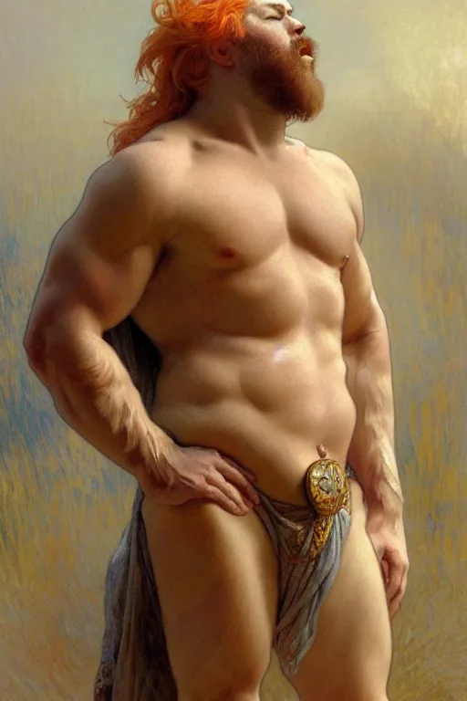 Prompt: painted portrait of rugged fat orange cat, god of thunder, greek god, white hair, masculine, powerful, handsome, upper body, white robe, muscular, hairy torso, fantasy, intricate, elegant, highly detailed, digital painting, artstation, concept art, smooth, sharp focus, illustration, art by gaston bussiere and alphonse mucha