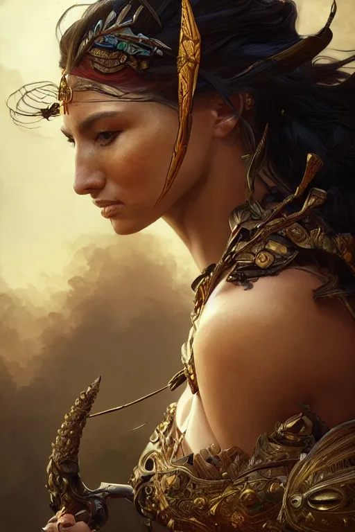 Image similar to portrait of a female Amazon warrior looking fierce, sci-fi, fantasy, intricate, dramatic lighting elegant, highly detailed, digital painting, artstation, octane render, unreal engine, concept art, smooth, sharp focus, art by artgerm and greg rutkowski and alphonse mucha