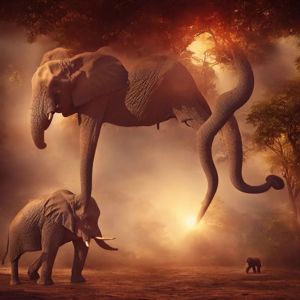 Prompt: one elephant in a wooden house, red crystal, art station, volumetric lighting, beautiful, golden hour, sharp focus, ultra detailed, concept art