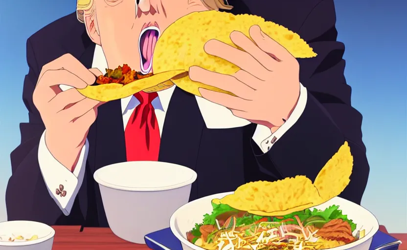 Image similar to beautiful makoto shinkai anime style digital film still portrait of donald trump eating a taco bowl, 4 k, 8 k, hd, high resolution, highly detailed, intricate detail, ultra realistic faces, digital art, trending on artstation, your name, weathering with you