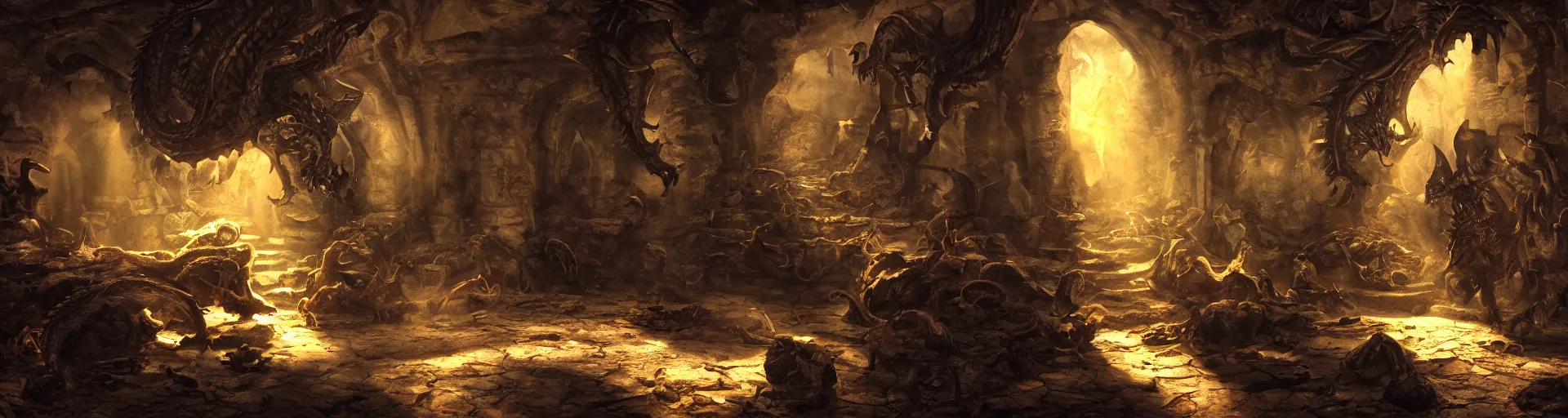 Prompt: A Dragon guards a horde of treasure in it's lair, shafts of sunlight appear from parts of the ruined interior. Chiaroscuro style painting. 4K.