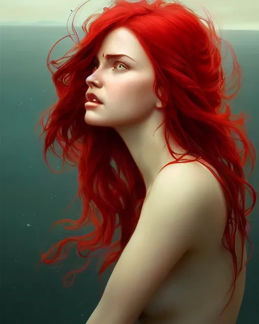 Image similar to emily rajtkowski, lake, red, flaming hair, highly detailed, digital painting, artstation, concept art, smooth, sharp focus, illustration, art by artgerm and greg rutkowski and alphonse mucha