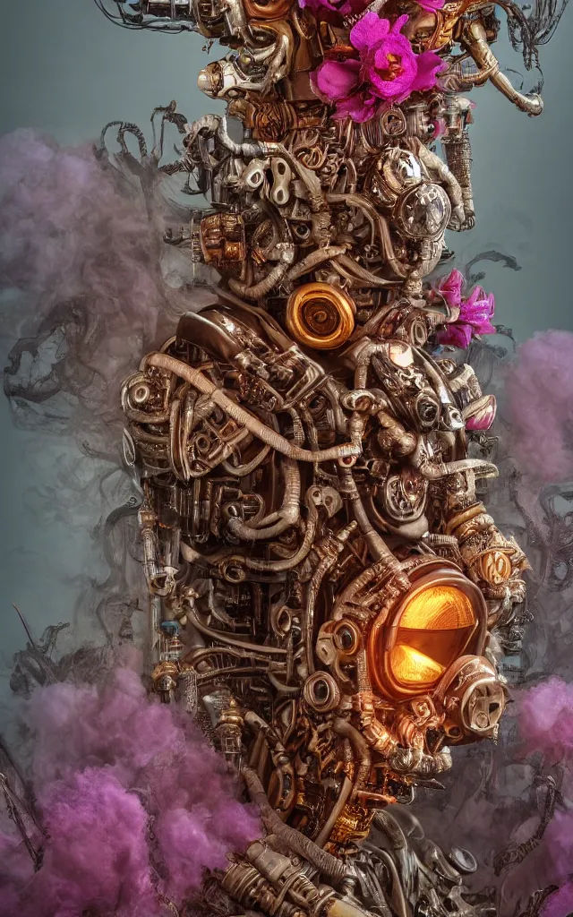 Prompt: 3 d close - up portrait of the retro futuristic robot in vintage death beath mask in mad max style clothes and crown overgrown with fungi and giant orchid flowers and giant gladiola flowers, intricate, elegant, surrounded by smoke and burning. translucent nautilus, highly detailed, by wlop, tooth wu, greg rutkowski, alena aenami