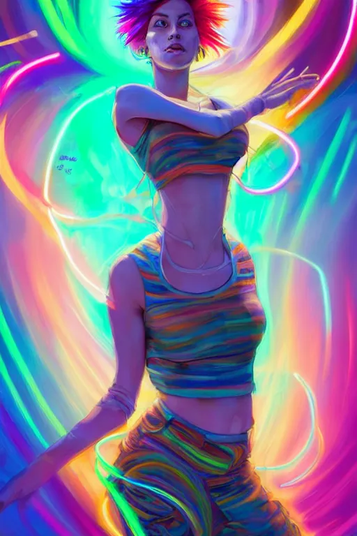 Image similar to a award winning half body portrait of a beautiful woman with stunning eyes in a croptop and cargo pants with rainbow colored hair, outlined by whirling illuminated neon lines and fine lines swirling in circles by jesper ejsing, rhads, makoto, shinkai, lois van baarle, digital art, trending on artstation