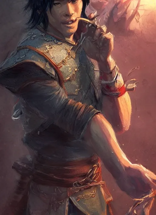 Image similar to asian with medium black hair man, helpless point of view, camera low angle, dndbeyond, bright, colourful, realistic, dnd character portrait, full body, pathfinder, pinterest, art by ralph horsley, dnd, rpg, lotr game design fanart by concept art, behance hd, artstation, deviantart, hdr render in unreal engine 5