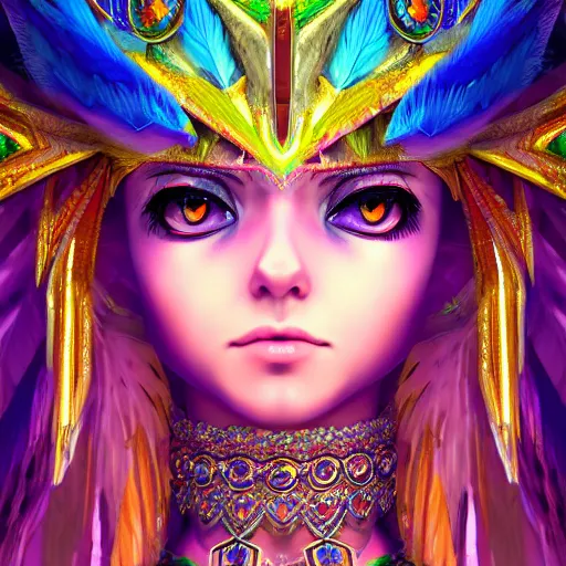 Image similar to portrait highly detailed beautiful symmetrical face high priestess intricate elegant detailed crystal jewellery with tribal feathers, lush colourful volumetric lighting, anime digital painting, concept art, smooth, sharp focus 3 d, divine realm of gods, realistic cinematic style, octane render, photographic, unreal engine 8 k