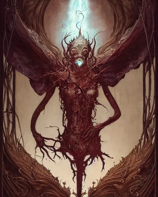 Image similar to perfectly centered portrait front view of a dead rotten daemon growing ornamentation, ornate, detailed, symmetrical, elegant, beautifully soft lit, by wayne barlowe, peter mohrbacher, kelly mckernan