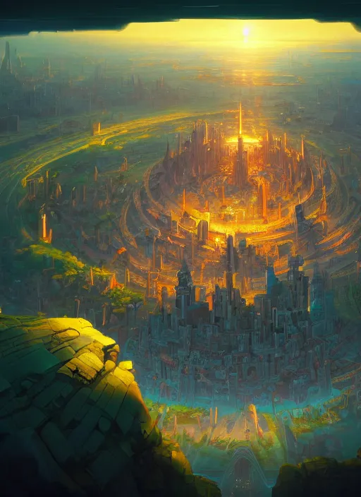 Prompt: aerial view of a circular city with a monumental tower of babel in the center, pitchblack sky, extremly detailed digital painting, vibrant colors, in the style of andreas rocha and noah bradley and tyler edlin and peter mohrbacher, mystical colors, rim light, beautiful lighting, 8 k, stunning scene, raytracing, octane, trending on artstation