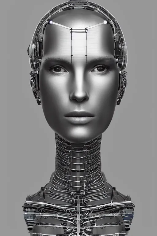 Image similar to robot with human face, female head, full body angle, woman human face, human face realistic, beautiful blonde hair, human head, human head with blonde hair, blonde hair human head, blonde hair, human realistic face, human head skin, cyborg frame concept, cyborg by ales-kotnik, sci-fi android female, the body is made of wires, robotic body, cyborg body, cyborg bust body, robot body cyborg, full body