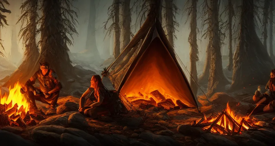 Prompt: an epic fantasy adventurer's tent left alone with a smoldering camp fire, 4 k, extremely detailed. award winning, trending on artstation, 8 k, ultra wide angle