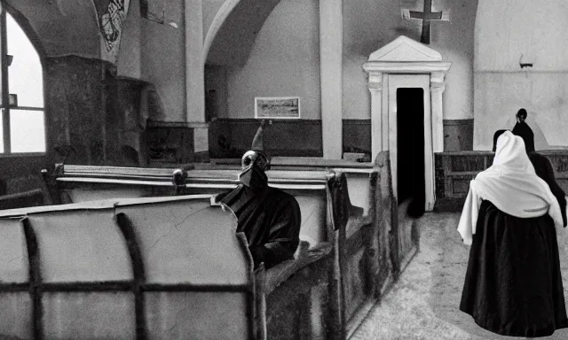 Image similar to cultists dressed in robes with masks and gloves, burnt church interior, ceremonial, realistic photo, cctv footage, investigative footage