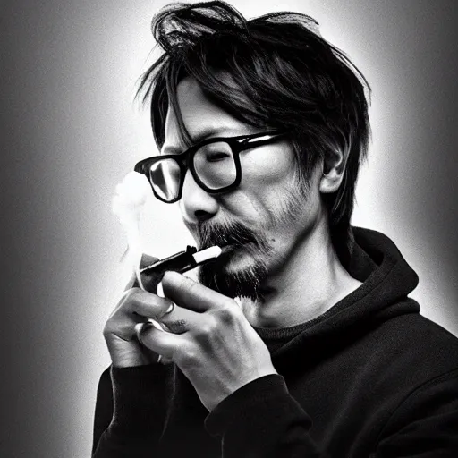 Image similar to photorealistc photograph of hideo kojima smoking a vape. black and white. intricate detail, volumetric smoke