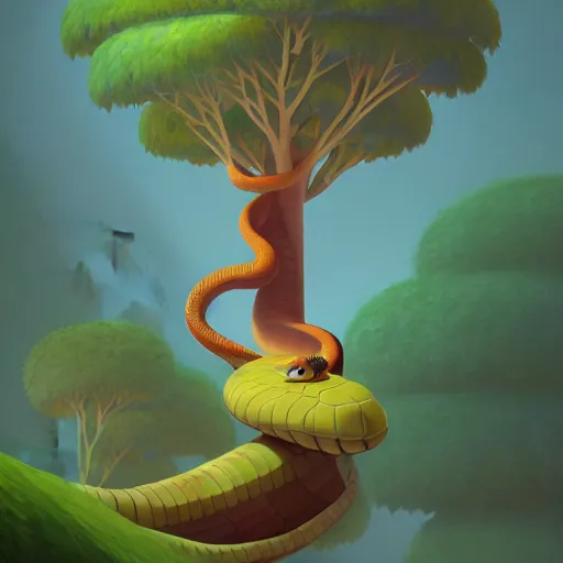 Image similar to Goro Fujita illustrating a snake with geometric figures climbing a large tree in a jungle, art by Goro Fujita, sharp focus, highly detailed, ArtStation