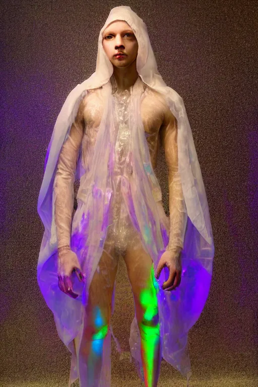 Image similar to full-body rococo and cyberpunk delicate neon crystalline sculpture of ((muscular slender albino prince Nick Jonas con la piroca dura)) as an iridescent humanoid deity wearing a thin see-through ((plastic hooded cloak)) sim roupa (holding a human skull), reclining con (((las piernas abiertas))), glowing pink face, crown of (((white lasers))), large diamonds, swirling black silk fabric. futuristic elements. oozing glowing liquid, full-length view. space robots. intricate artwork by caravaggio. Trending on artstation, octane render, cinematic lighting from the right, hyper realism, octane render, 8k, depth of field, 3D