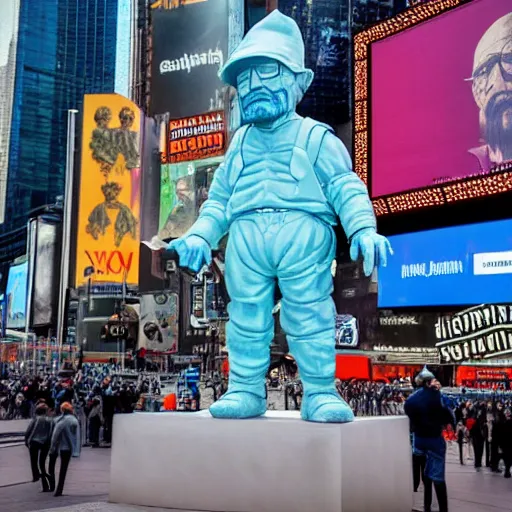 Prompt: a photograph of a very detailed renaissance sculpture of walter white wearing a smurf hat standing in times square, made by michelangelo, from the distance, hyper detailed, sharp focus, 8 k resolution, ray tracing