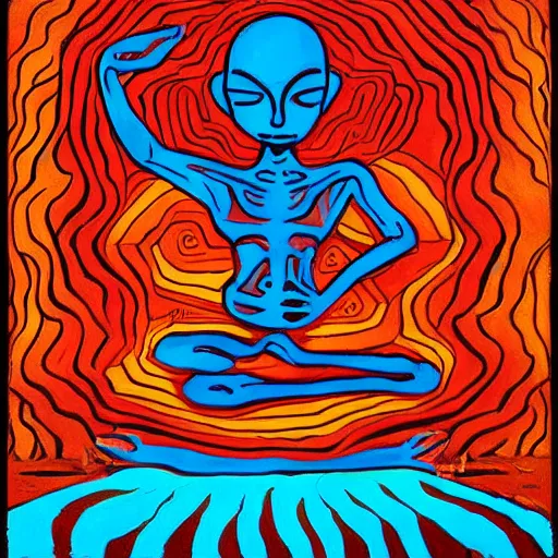 Image similar to a beautiful painting of an alien meditating in front of a giant black power fist in the center, worshipped by aliens dancing in lava fields by victor moscoso