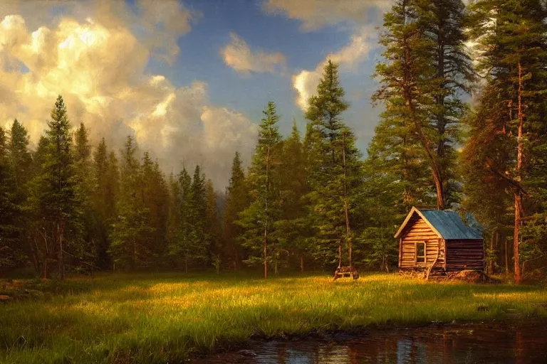 Prompt: small wooden cabin in the distance in pine forest, clouds, national geographic, beautiful nature, trees, very detailed, focused, oil painting, colorful, cinematic lighting, canvas, artstation, Albert Bierstadt, Sydney Mortimer Laurence