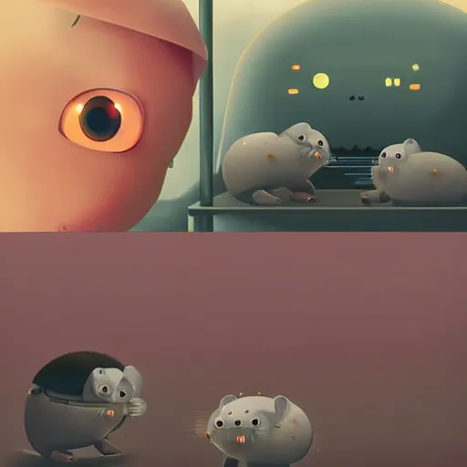 Image similar to baby harp seals being eaten by a robot hamsters on a techno cyborg alien world, atey ghailan, goro fujita, studio ghibli, scary lighting, clear focus, very coherent