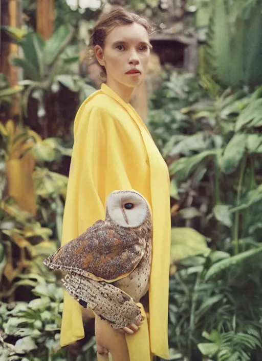 Prompt: grainy head to shoulder portrait Polaroid film photograph of an elegant top model wearing a yellow kimono with a very detailed barn owl on her shoulder!!! in a tropical greenhouse. looking at the camera!!. super resolution. Polaroid 600 film. art by Alessio albi and Annie Leibovitz.