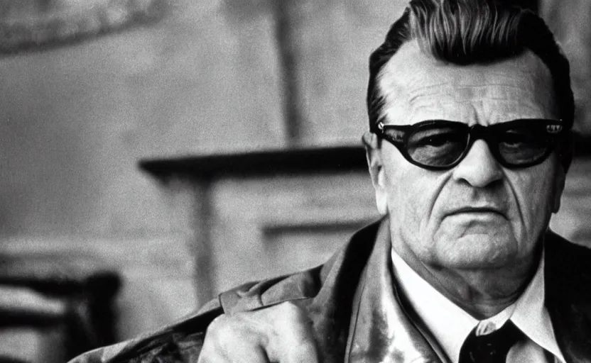 Prompt: 70s movie still full-lenght portrait of Josip Broz Tito, by David Bailey , ektachrome 35mm black and white, heavy grainy picture, very detailed, high quality, 4k, HD criterion, precise texture