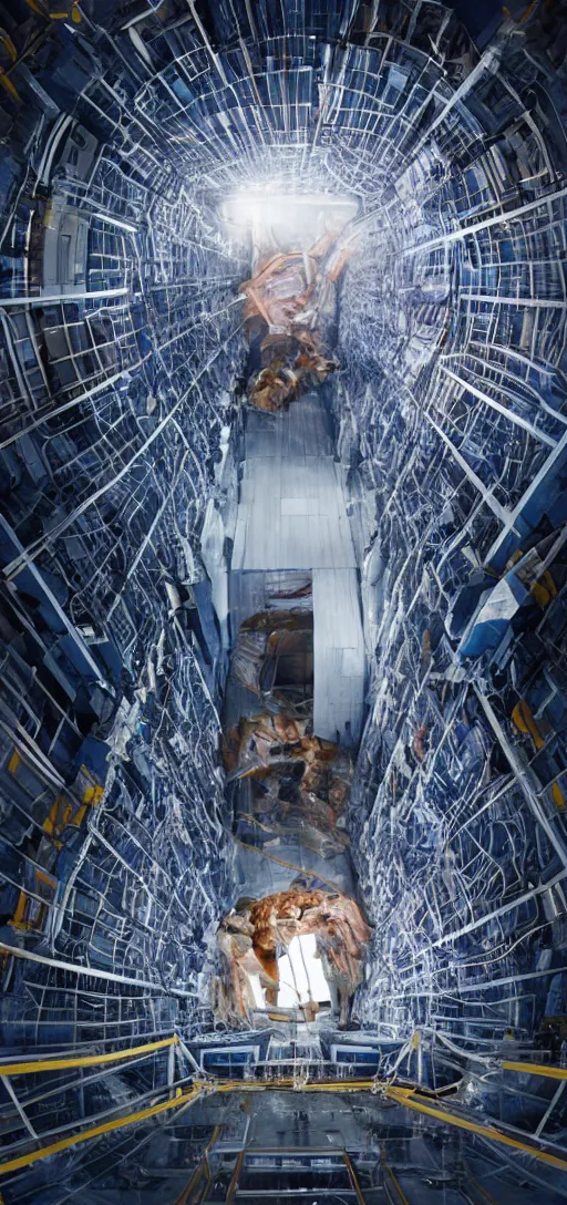 Image similar to wide shot of a man getting trapped inside cern large hadron collider, his body getting pulled apart by particle collision, rendered in octane