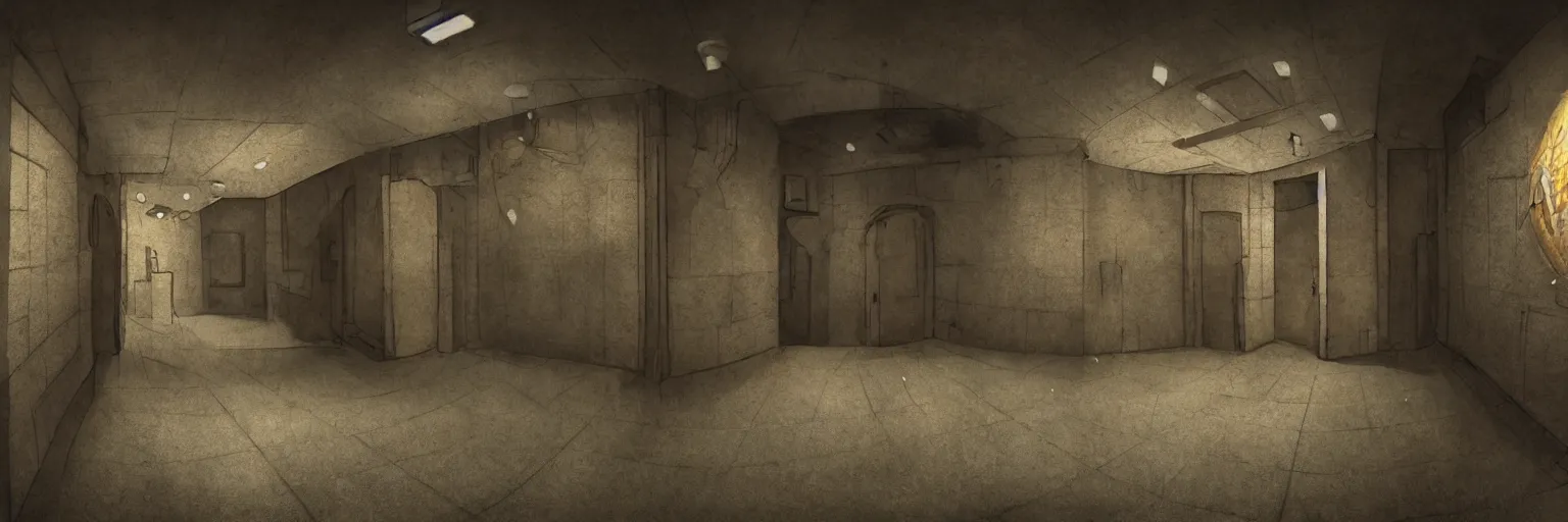 Prompt: dimly lit, theatre access corridor background, 3 doors, fish eye, video game art