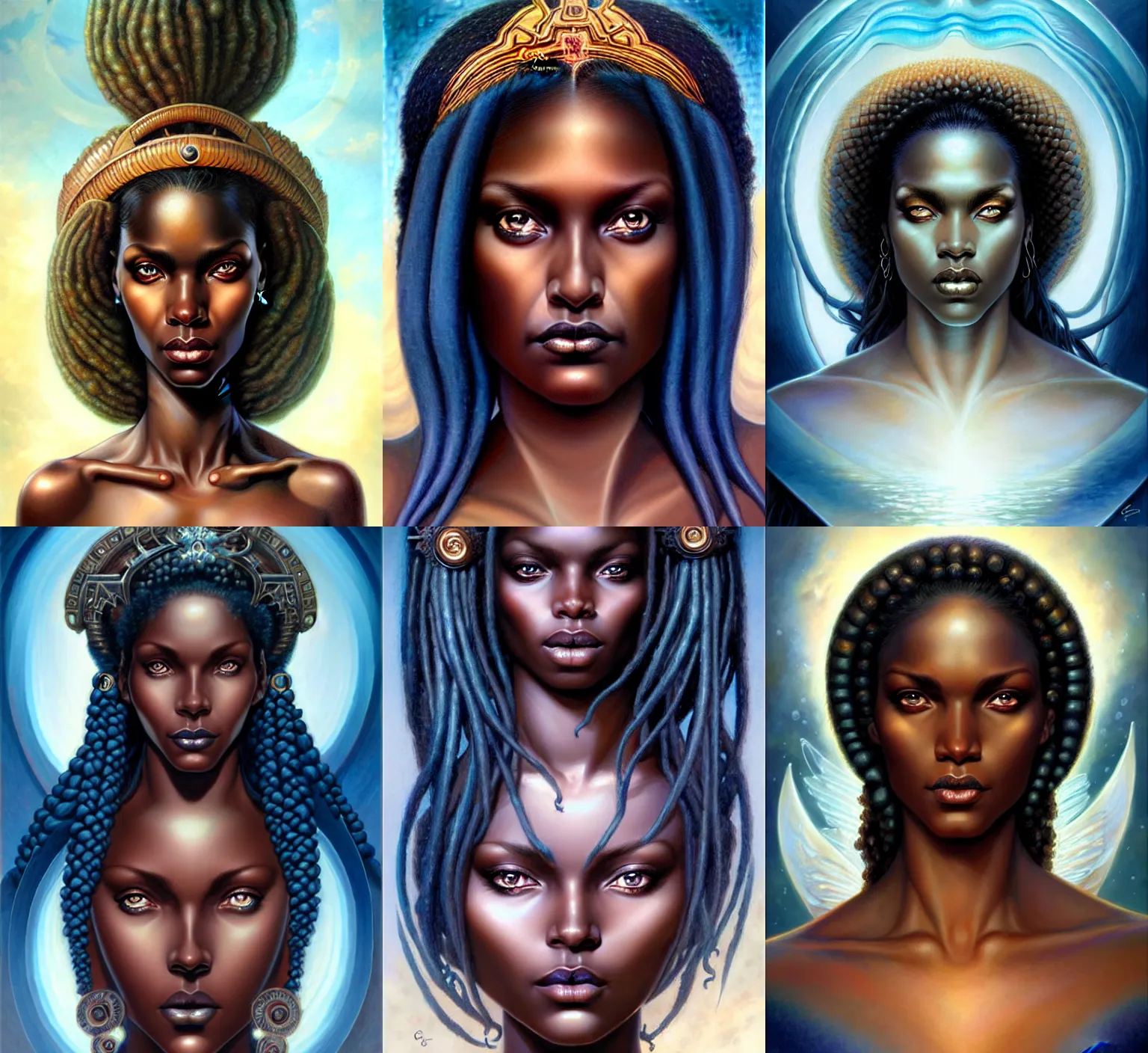 Prompt: stunning goddess of sea portrait, clear eyes and dark skin. realistic, symmetrical face. art by bowater charlie, mark brooks, julie bell, arian mark, tony sandoval