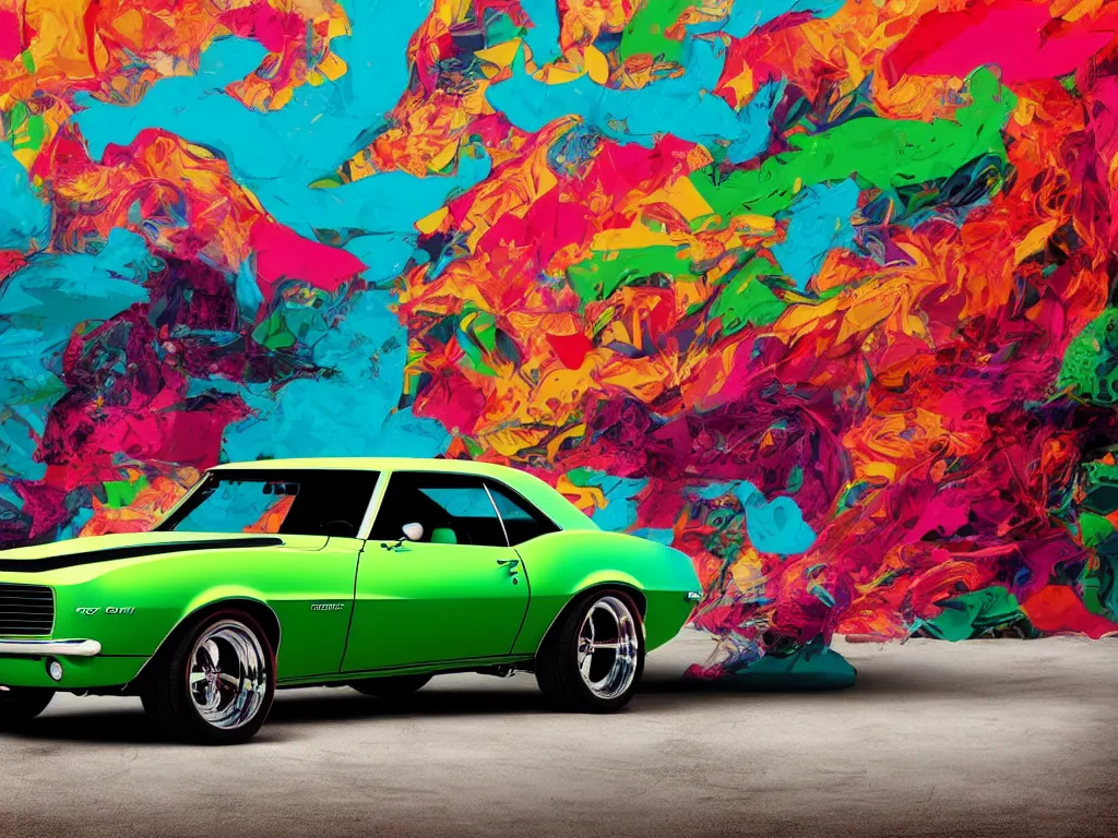 Prompt: poster of a 1969 Chevy Camaro with Arizona Iced Tea livery 4k