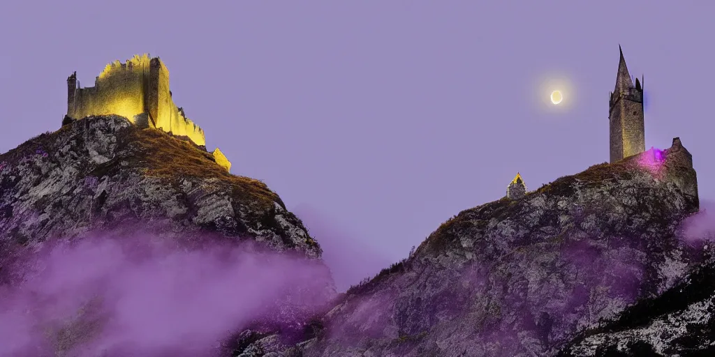 Image similar to a tall pointy castle atop a steep mountain, purple fog engulfs the ground below and a big yellow glowing crescent moon lingers above