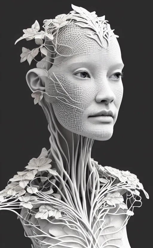 Prompt: complex 3d render of a beautiful porcelain profile woman face, vegetal dragon cyborg, 150 mm, beautiful natural soft light, rim light, silver details, magnolia leaves and stems, roots, fine lace, maze like, mandelbot fractal, anatomical, facial muscles, cable wires, microchip, elegant, highly detailed, white metallic armour, octane render, black and white, H.R. Giger style