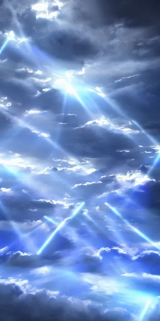 Image similar to clouds with blue rays of light coming from them, photorealistic, HD, heavenly