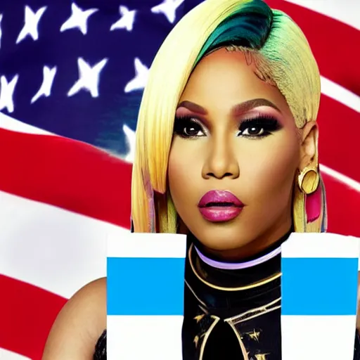 Image similar to presidential photo of Nicki Minaj, centered in the middle of the picture, flag of Argentina behind on the left side, background out of focus