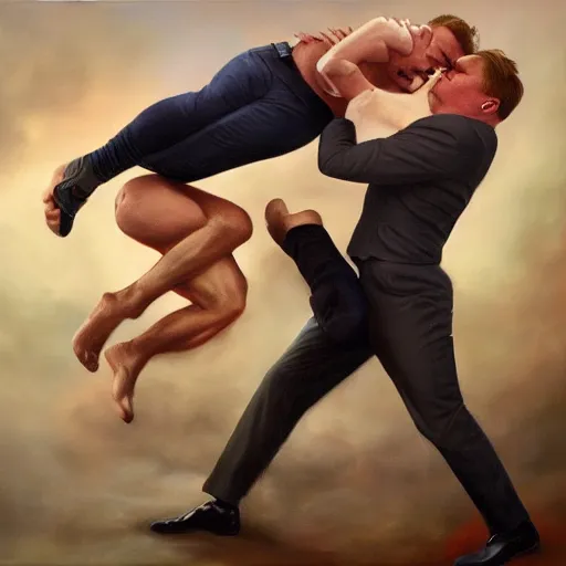 Prompt: conan o'brien and andy richter wrestling, by tom bagshaw, oil on canvas