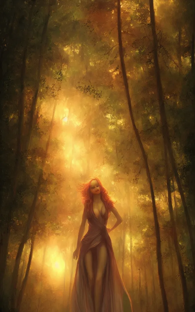 Image similar to sunset in the forest, by charlie bowater