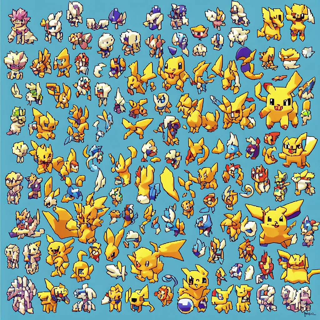 Image similar to pixelated pokemon monster inspired by ragnarok online, 1 2 8 bit, 1 0 0 0 x 1 0 0 0 pixel art, 4 k, super detailed, nintendo game, pixelart, high quality, no blur, sharp geometrical squares, concept pixelart