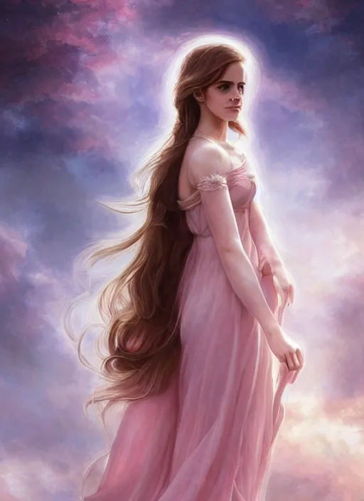 Image similar to emma watson as nature magic celestial turned away, long hair, soft pink and white transparent cloth, space, D&D, shiny background, intricate, elegant, highly detailed, digital painting, artstation, concept art, smooth, sharp focus, illustration, artgerm, bouguereau