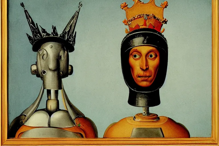 Image similar to Portrait of a robot wearing a crown and a royal mantle by Hans Baldung