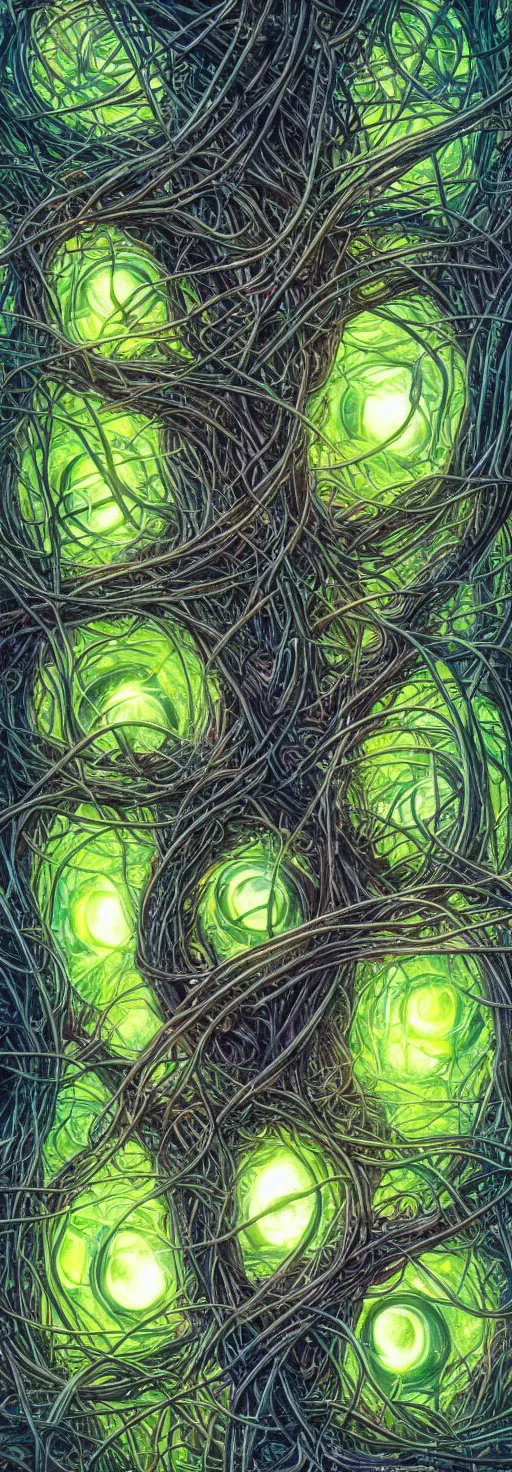 Image similar to many large beautiful eyeballs inside of extremely thick iridescent vines intertwined, central composition, high saturation, epic lighting, in the style of Peter gric and Amanda Sage 8k