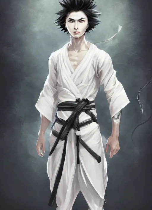 Image similar to a highly detailed illustration of fierce short white haired attractive young japanese man wearing white hakama, black sclera! eyes, dramatic serious pose, muscular, intricate, elegant, highly detailed, centered, digital painting, artstation, concept art, smooth, sharp focus, league of legends concept art, wlop