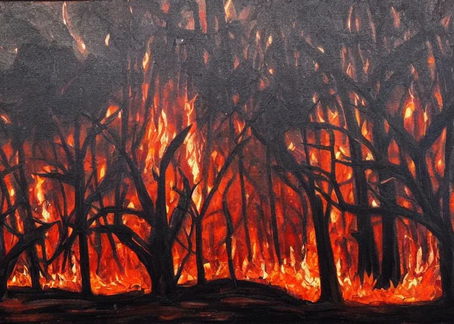 Image similar to black church on fire in a dark spikey forest, oil painting