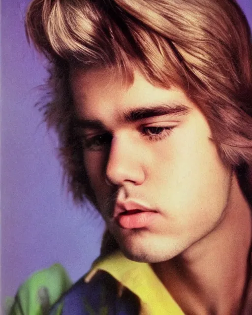 Image similar to a portrait of a 1 9 6 0 s hippie looking like justin bieber