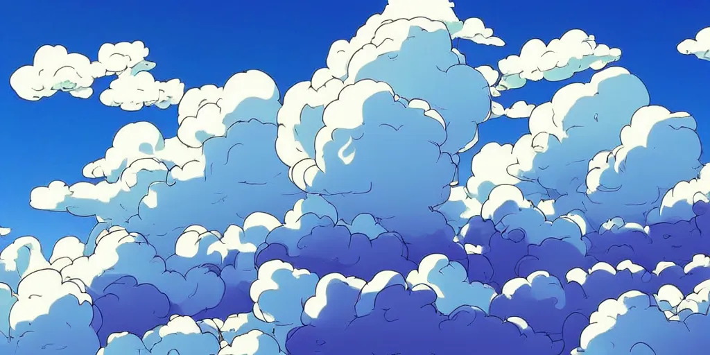 Prompt: cel shaded cartoon, curled blue sky fluffy curled clouds, smoke shaped clouds, from lorax movie, by studio ghibli