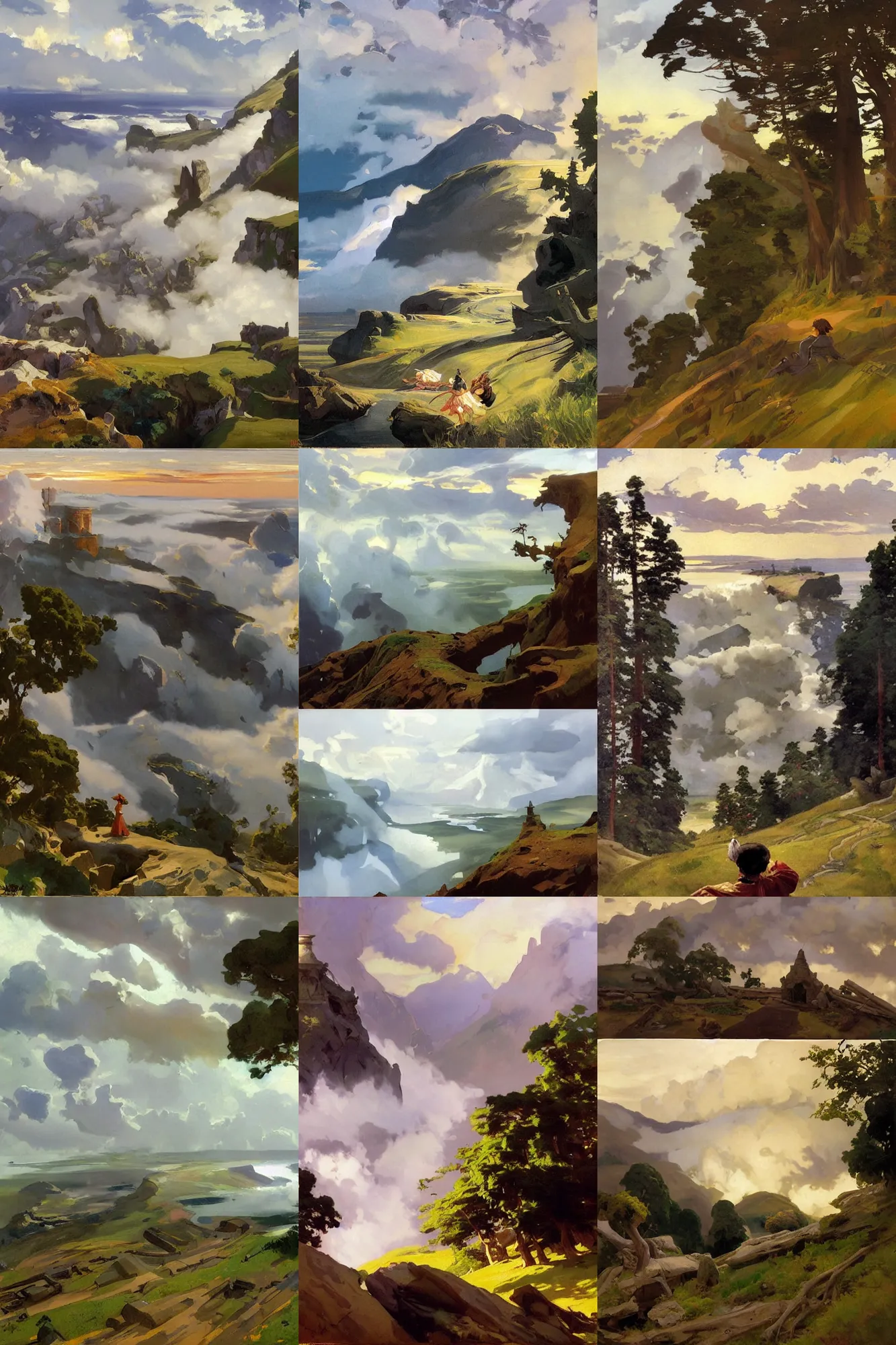 Prompt: painting by sargent and leyendecker and greg hildebrandt savrasov levitan polenov, studio ghibly style mononoke, huge old ruins, middle earth above the layered low clouds road between forests big lake wide river trees sunrise sea bay view faroe azores overcast storm masterpiece